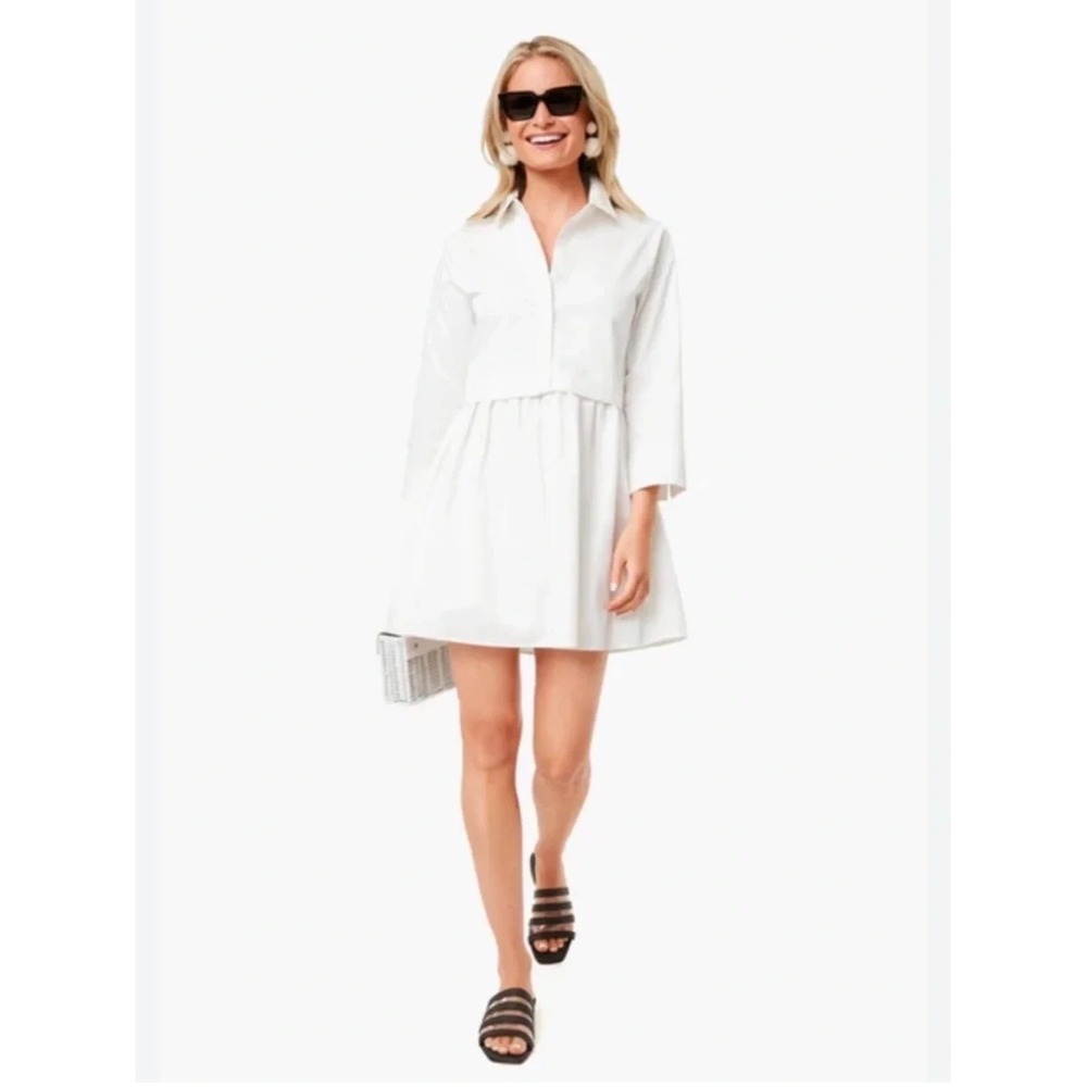 English Factory Cotton 3/4-Sleeve Oversized Mini Collared Shirt Dress -L
